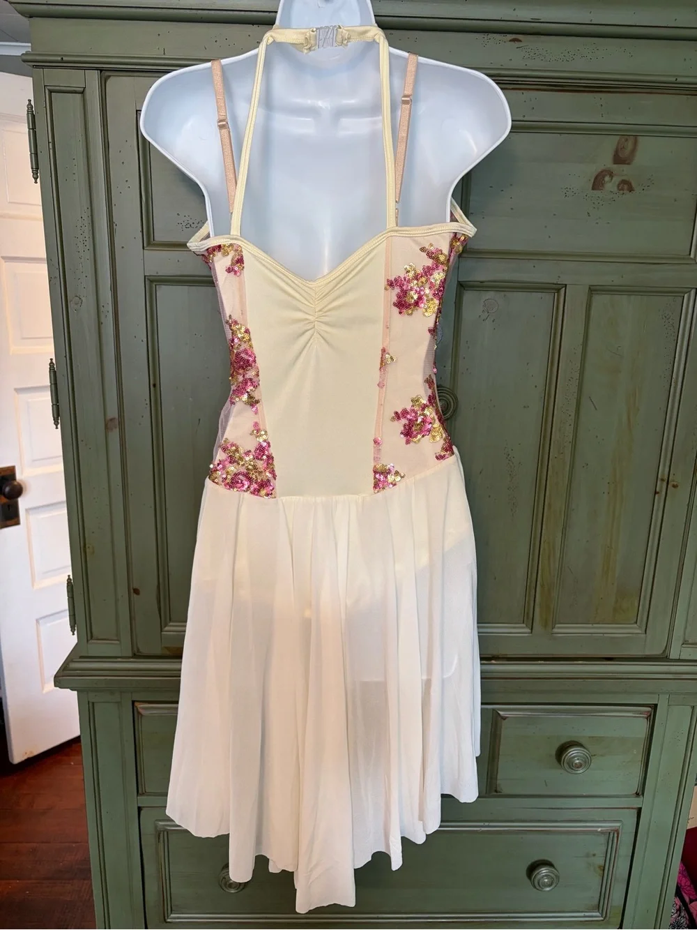 Curtain Call/Weissman Halter Dance Dress with Pink & Gold Sequin Floral Bodice